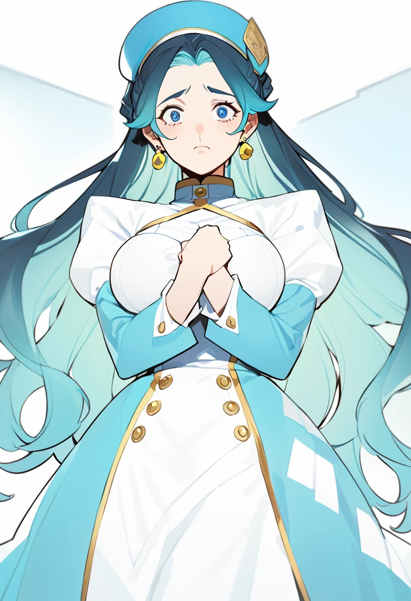 Anime, 1 woman, solo, kimtag, Melony, melony's hairstyle, Cyan colored long hair, Green mini beret, expressive eyes, BLUE eyes, yellow earings, busty, firm plump body, genetics's uniform, Very long skirt, sad expression, teary eyes, crying, her pen hands crossed