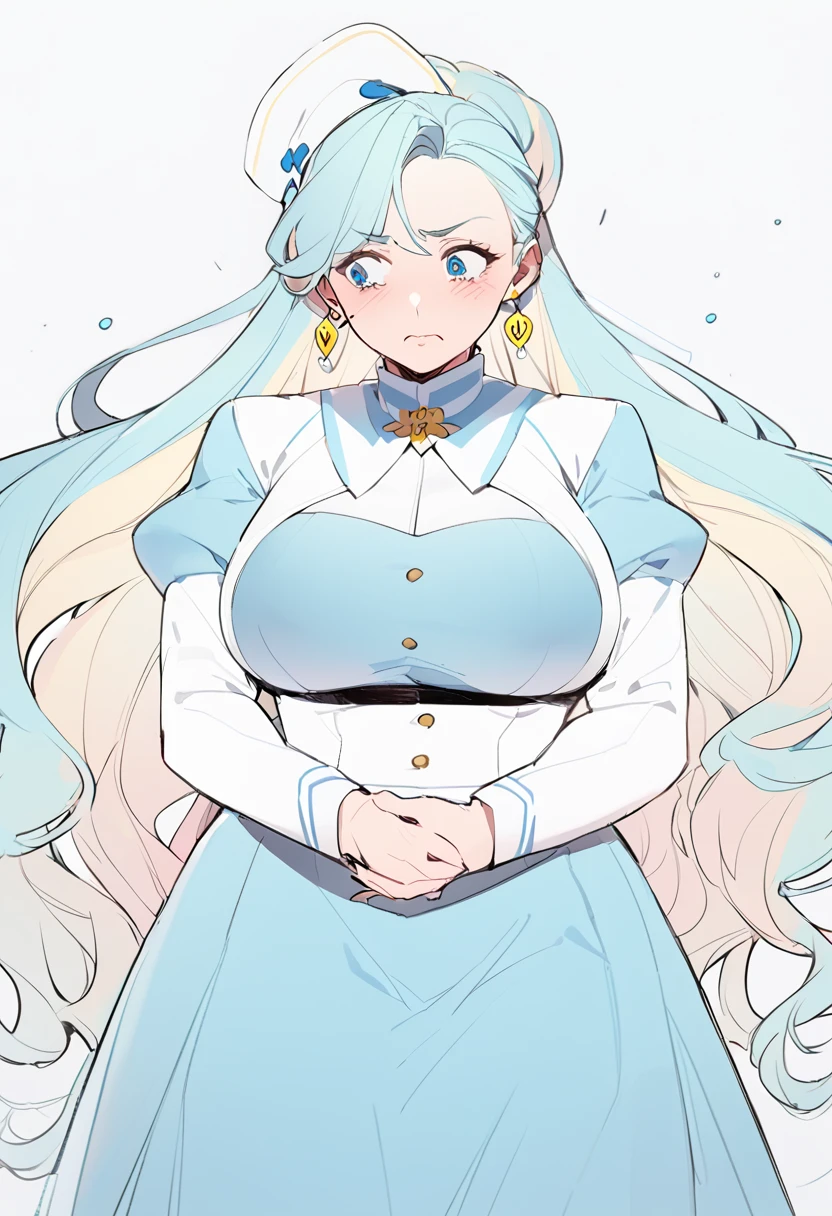 Anime, 1 woman, solo, kimtag, Melony, melony's hairstyle, Cyan colored long hair, Green mini beret, expressive eyes, BLUE eyes, yellow earings, busty, firm plump body, genetics's uniform, Very long skirt, sad expression, teary eyes, crying, her pen hands crossed