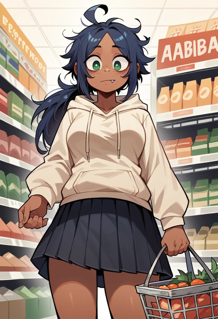 masterpiece, best quality, perfect anatomy, solo, 1girl, green eyes, bags_under_eyes, fang, dark blue hair, brown skin, long hair, messy hair, parted bangs, long sidelocks, ponytail, freckles, ahoge, medium breasts, plump, hoodie, pleated skirt, black skirt, absurdres, Hood up, looking down, store, shopping, shopping basket,