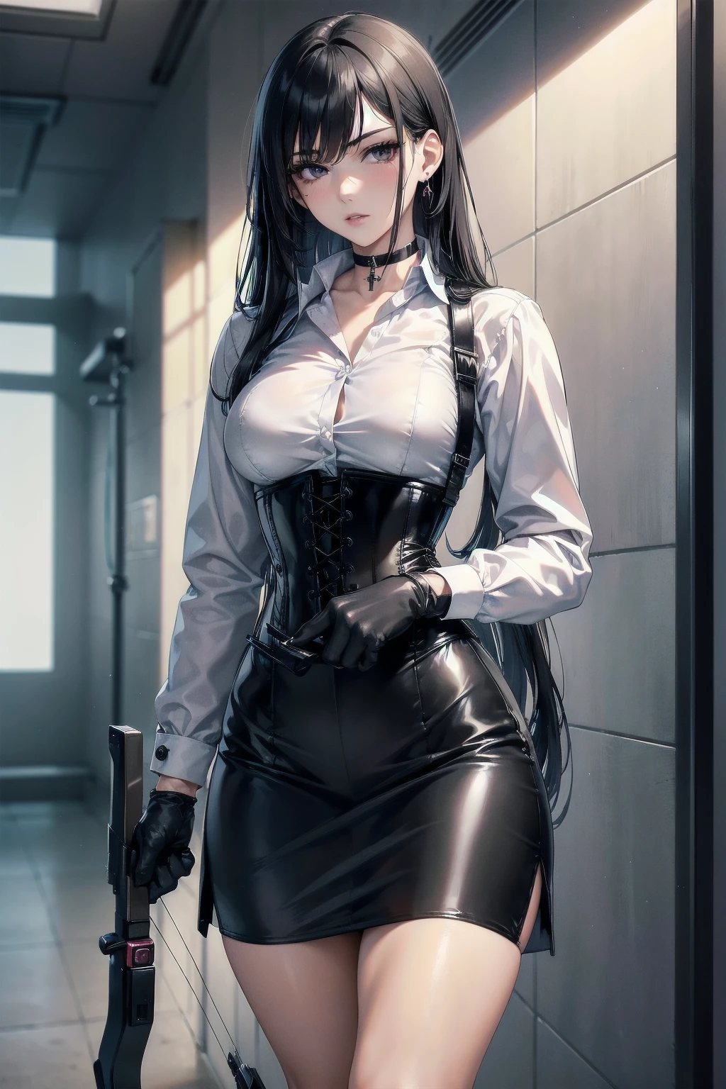  Masterpiece, Superior image quality, high resolution, 4k image,photo and gross, photorealistic, whole body, distant view, 1 young man of 15 years, {{{vagina}}}, beautiful face, long black hair, black eyes, very detailed eyes, pink cheeks, serious expression, choker:1.6, (white collar button down long sleeve shirt), black gloves, gloves that cover hands, (holding a light crossbow in the right hand), (black leather corset), (shiny black miniskirt), Sensual Lips, show details in the eyes, View from the front, looking at the viewer, walking in an elegant hallway