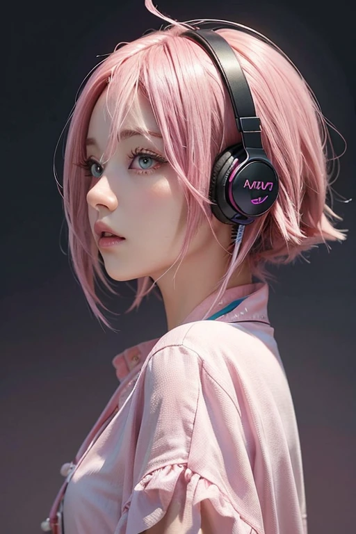 listen to music、headphone、Pink Hair, Pink eyes, Gradient color hairstyle, Bob Hair, Listen attentively、Ahoge, profile、Prone to downward、Look down、Simple Background, Upper Body