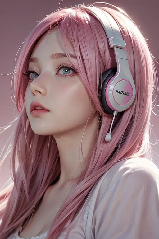 listen to music、headphone、Pink Hair, Pink eyes, Gradient color hairstyle, Bob Hair, Listen attentively、Ahoge, profile、Prone to downward、Look down、Simple Background, Upper Body
