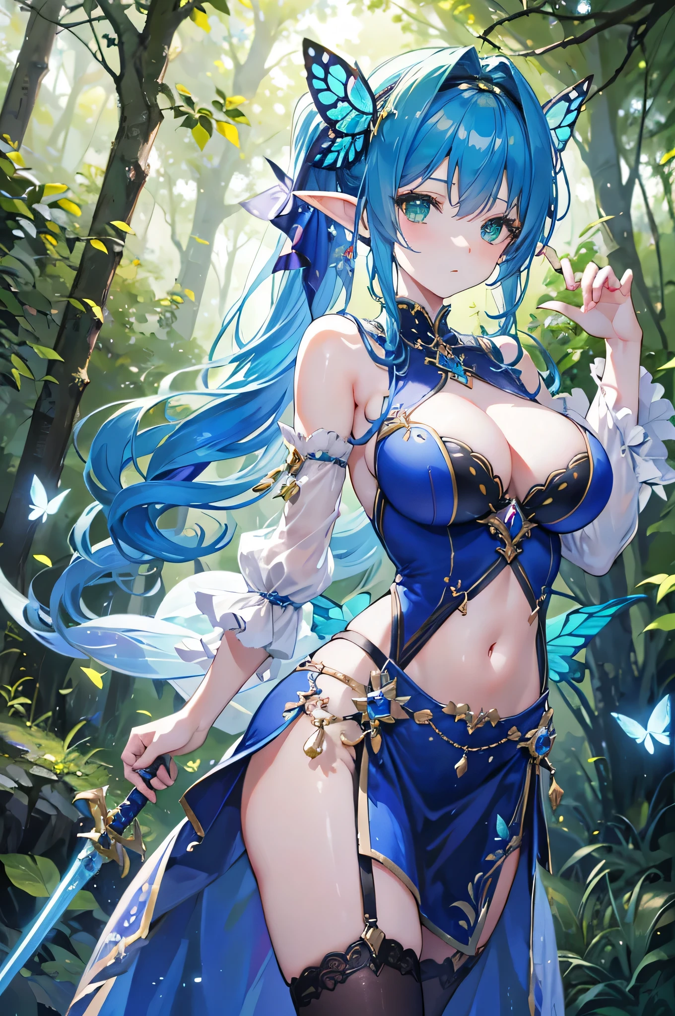 4K,High resolution,One Woman,Fairy,Blue Hair,Long Ponytail,Green Eyes,Big Breasts,butterfly_wings,knight,White knight dress,hair band,Long sword,in the forest