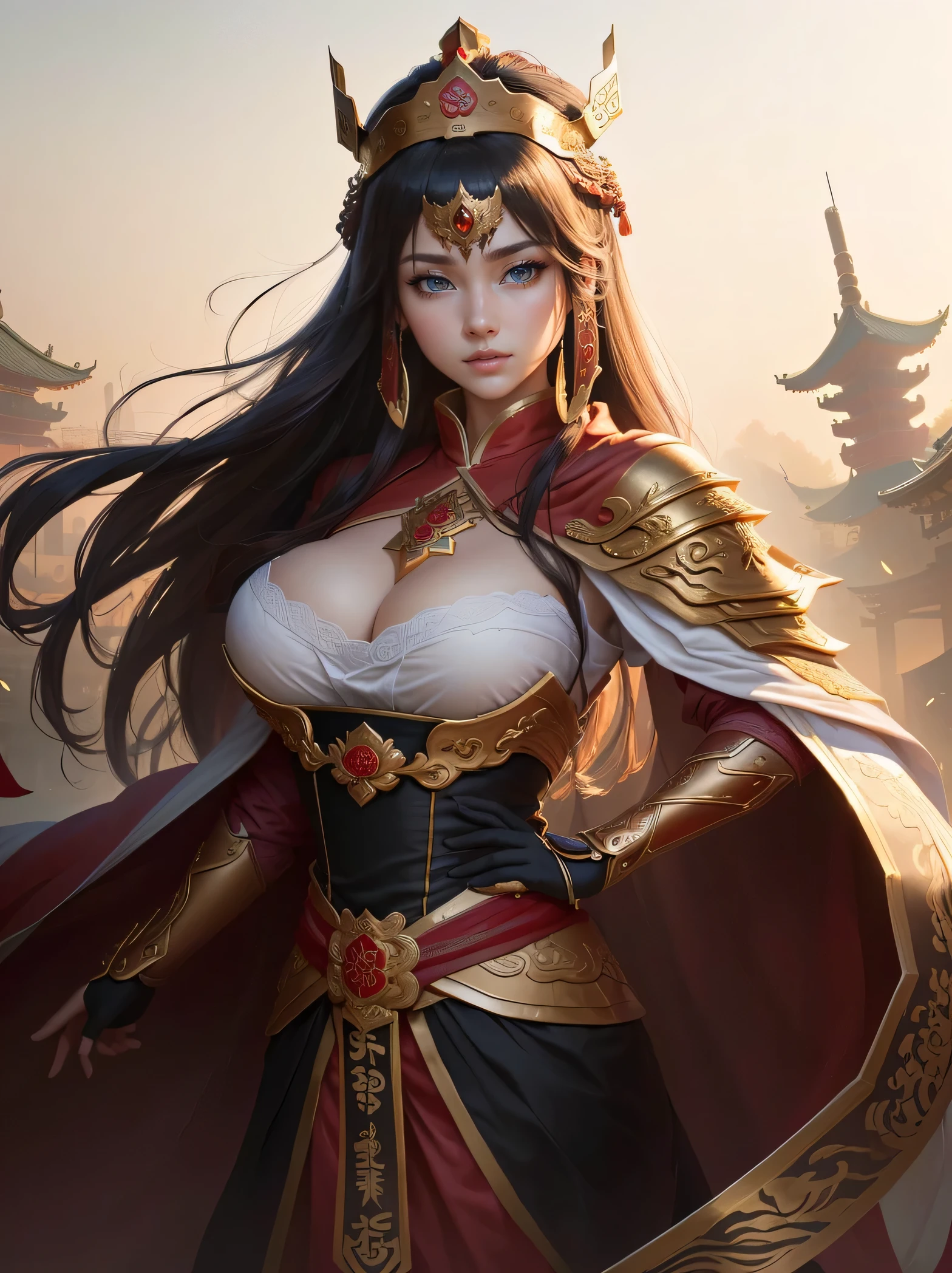 a painting of a woman in a red cape and a gold crown, inspired by Huang Shen, zhao yun, inspired by Li Kan, inspired by Huang Ding, inspired by Wu Bin, inspired by Fan Kuan, inspired by Cao Zhibai, inspired by Li Gonglin, bian lian, inspired by Zhao Yuan, xianxia hero, guan yu, Highly detailed CG unit 8k wallpaper, masterpiece, High resolution, highest quality, highest quality real texture skin, Super Real, Digital Painting, Best image quality, 最High resolution, 8k, (((Highly detailed eyes and face, Beautiful eyes every detail))), disproportionate breasts, huge breasts, sagging breasts, gigantic breasts, (腕を組む, 頬に手を当てる, )