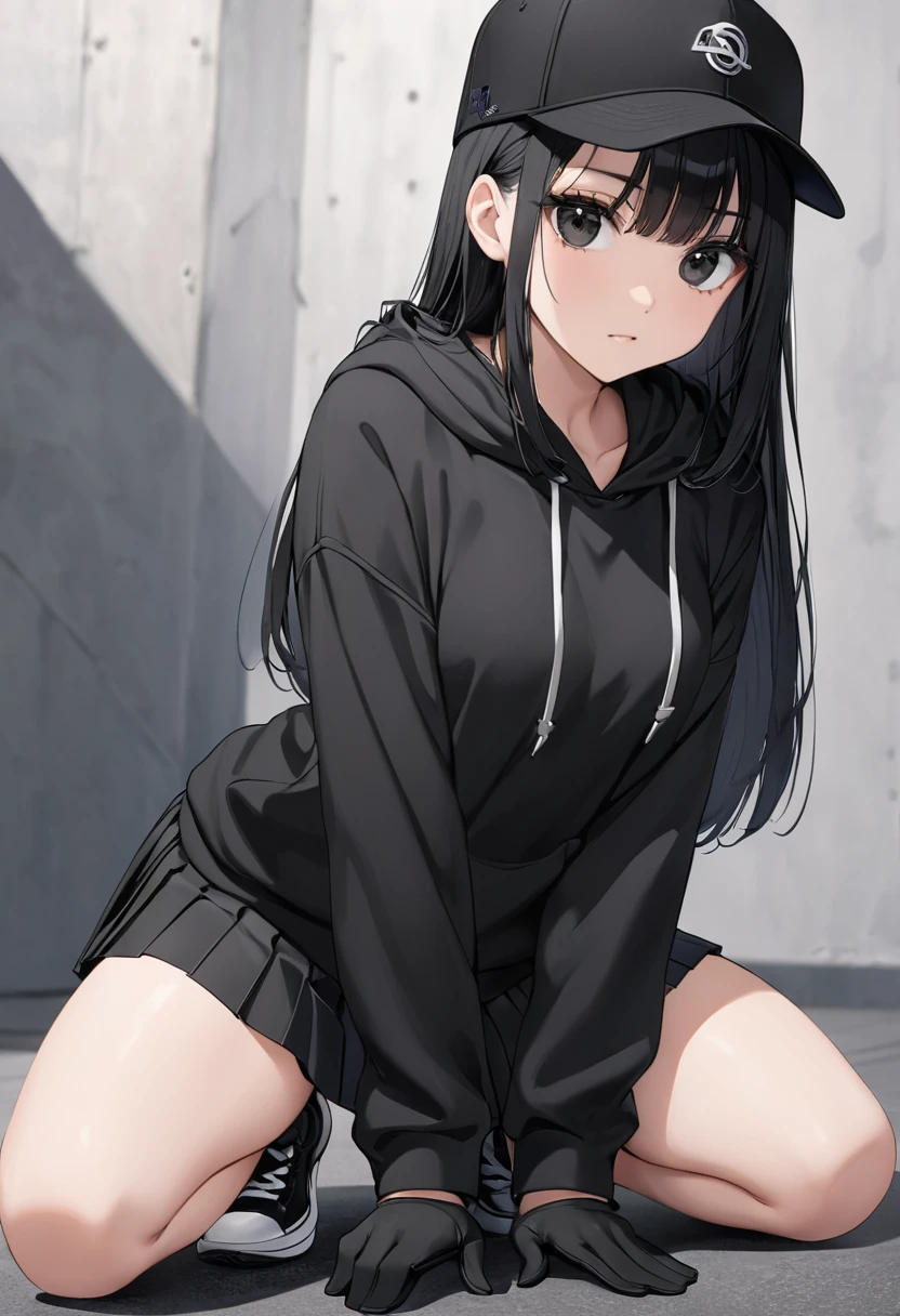 Black miniskirt , Black sneakers , Black hoodie , pleated skirt , whole body , thighs , black hair , black eyes , straight hair , black ball cap , long sleeves , bare legs , Black gloves , Kneeling position , close up