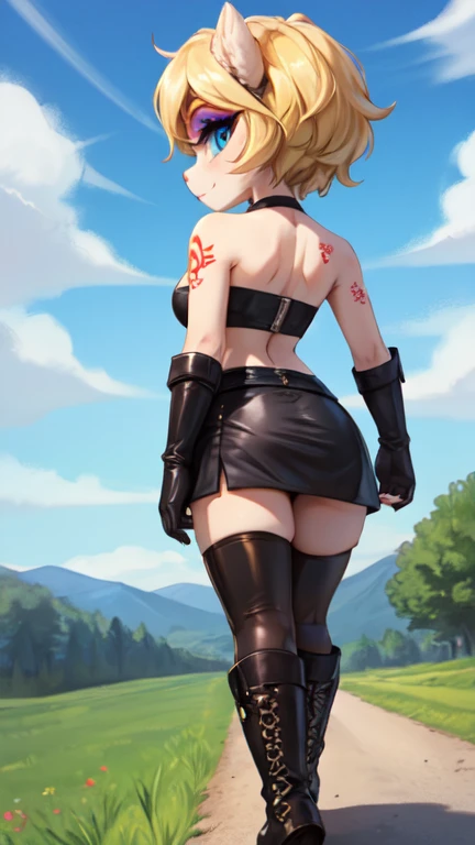 White tube top, white felt miniskirt, FOCUS CUTE FACE,  MAKEUP, blonde medium wave hair, narrow eyes, blue eyes, countryside, wear black boots, with TATTOS in her body, FOCUS wear leather gloves, outdoors, blue sky, all body view. BACK VIEW. She is looking at the viewer.