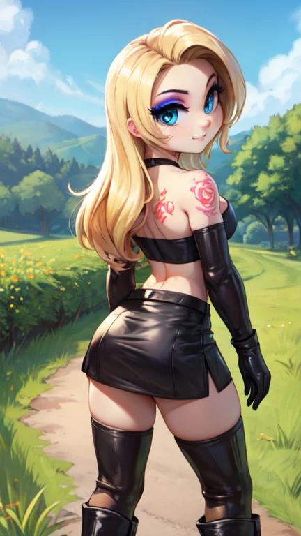 White tube top, white felt miniskirt, FOCUS CUTE FACE,  MAKEUP, blonde medium wave hair, narrow eyes, blue eyes, countryside, wear black boots, with TATTOS in her body, FOCUS wear leather gloves, outdoors, blue sky, all body view. BACK VIEW. She is looking at the viewer.