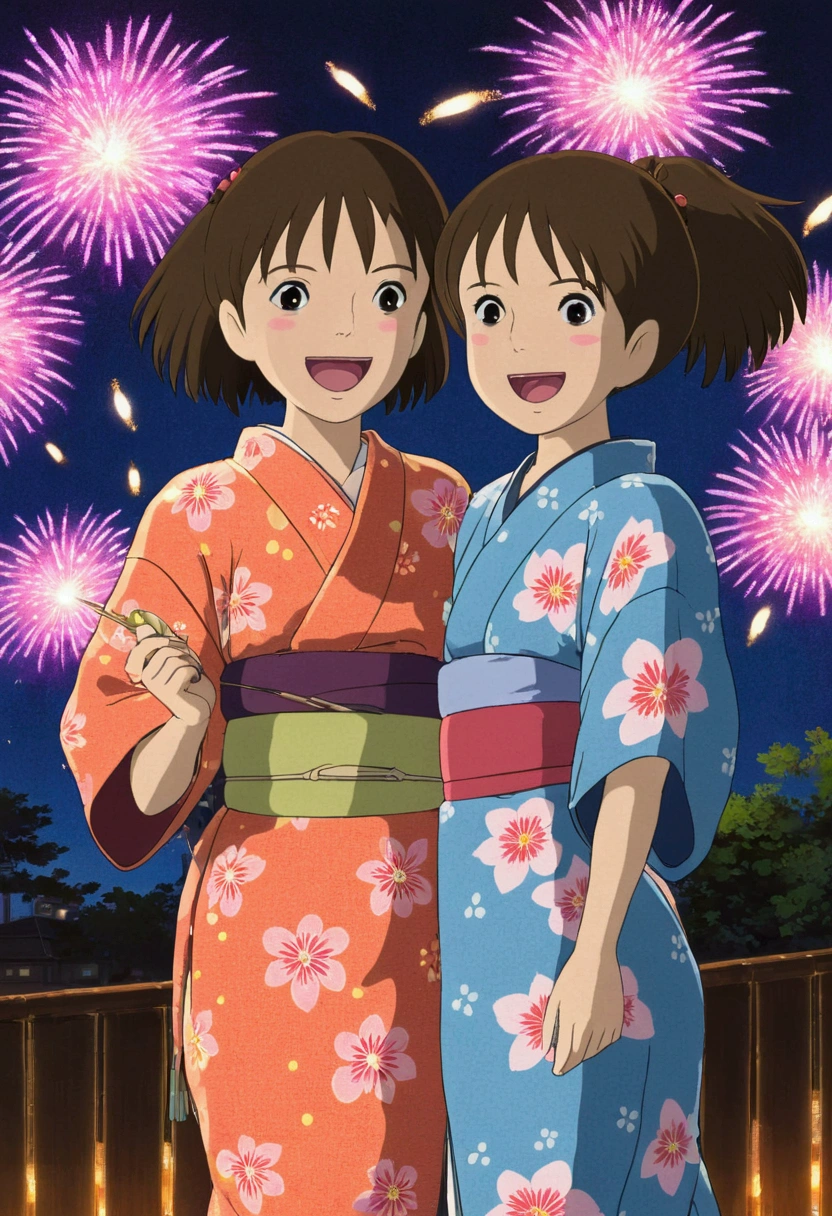 Ghibli　summer　firework，girl，Laughing，yukata，festival