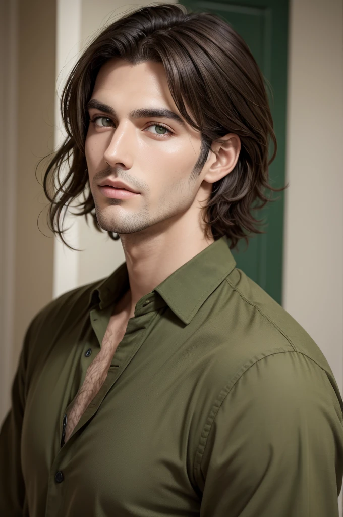 Tall man with olive skin dark brown hair green eyes