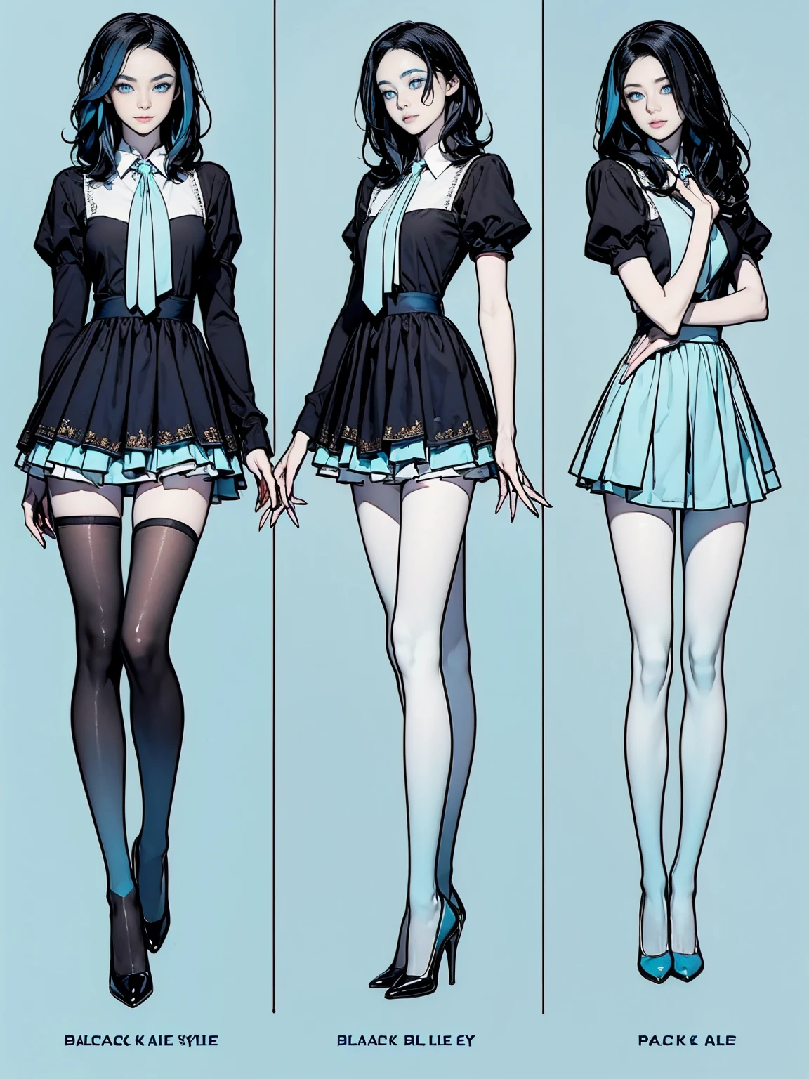 ((masterpiece)),(((Highest quality))),((Character design sheet)),Thin thighs,Long legs,maid girl in a black maid outfit:1.5,Wearing white tights:1.5,The best smile:1.5,Full Body Shot:1.5,Gray background:1.5,Wearing black high heels:1.5,short cut side waves:1.5,(((black hair:1.6))),(((pale blue eyes:1.8))),