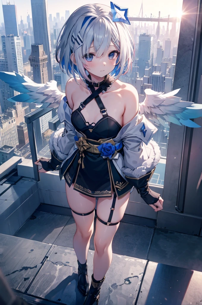 On top of a building、Overlooking the city、A fleeting expression、short hair、Small Wings、Shot from above、Concept Art、masterpiece、high resolution、Small breasts、