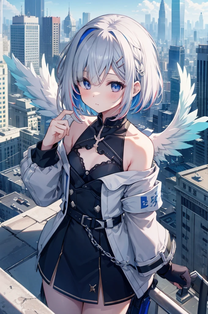 On top of a building、Overlooking the city、A fleeting expression、short hair、Small Wings、Shot from above、Concept Art、masterpiece、high resolution、Small breasts、
