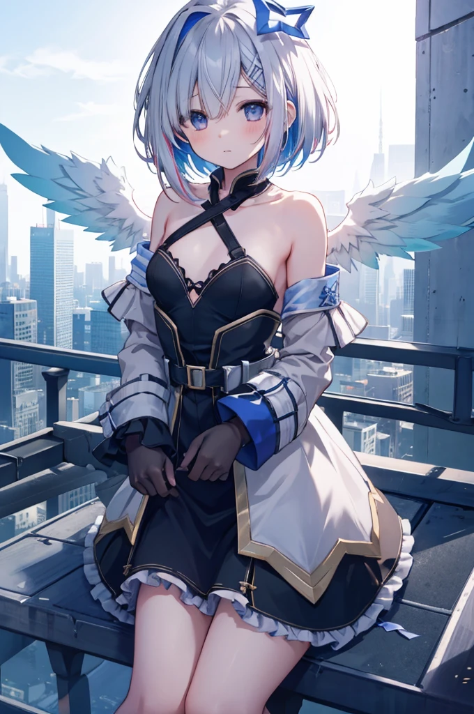 On top of a building、Overlooking the city、A fleeting expression、short hair、Small Wings、Shot from above、Concept Art、masterpiece、high resolution、Small breasts、