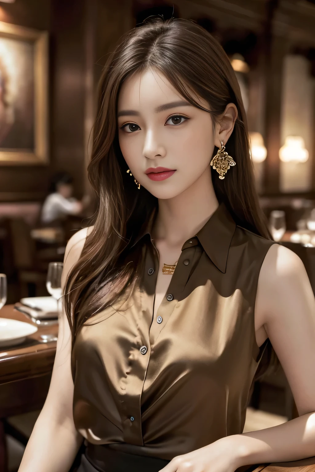 masterpiece, Highest quality, Realistic, Very detailed, Finer details, High resolution, 8k wallpaper, One beautiful woman, Wear a fine colored silk shirt, In a great restaurant, At night, Light brown messy hair, Perfect dynamic composition, Beautiful and beautiful eyes、Big earrings、chest、Sleeveless shirt、