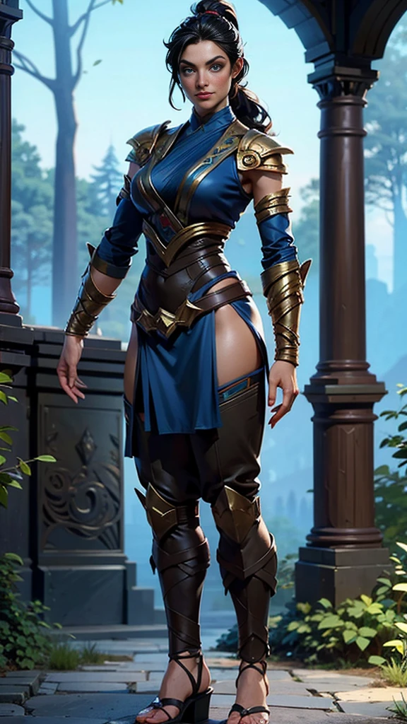 Solo, female, slightly muscular, slightmuscle, big blue eyes, fantasy outfit, forest, pants, cropped jacket, modest clothingBlack hair, Black curly long hair in a ponytail, light eyes, tall and Toned woman, Red and blue outfit Barbarian woman, full body, aesthetic, beautiful woman,fantasy clothing, (masterpiece, best quality:1.2), solo, 1girl, smile, looking at viewer, ponytail, sandals, bare arms, no sleeves