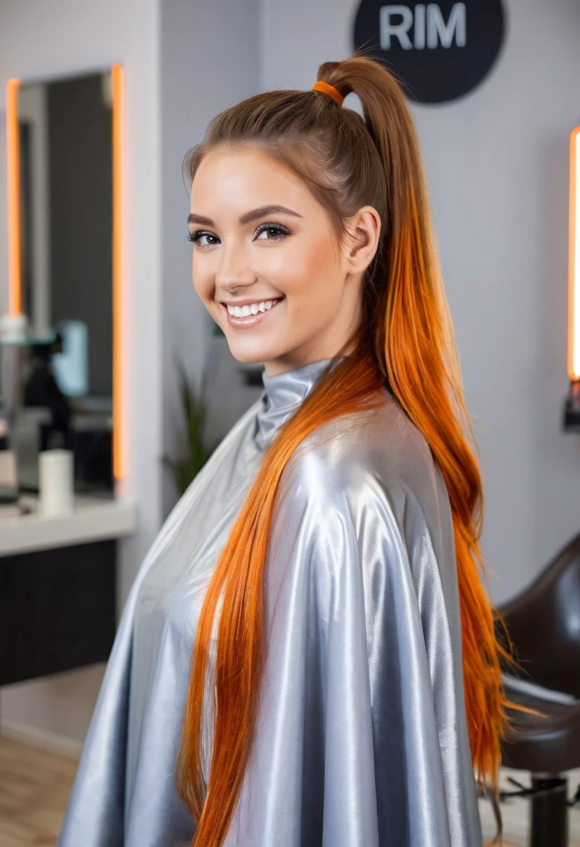 Photo, Beautiful young woman, long hair, ponytail, mixed brown and orange hair, silver salon cape, smiling, hairdresser in background, modern hair salon, well-lit, professional environment, relaxed atmosphere, cheerful moment, photorealistic, high-resolution (rim light, depth of field)
