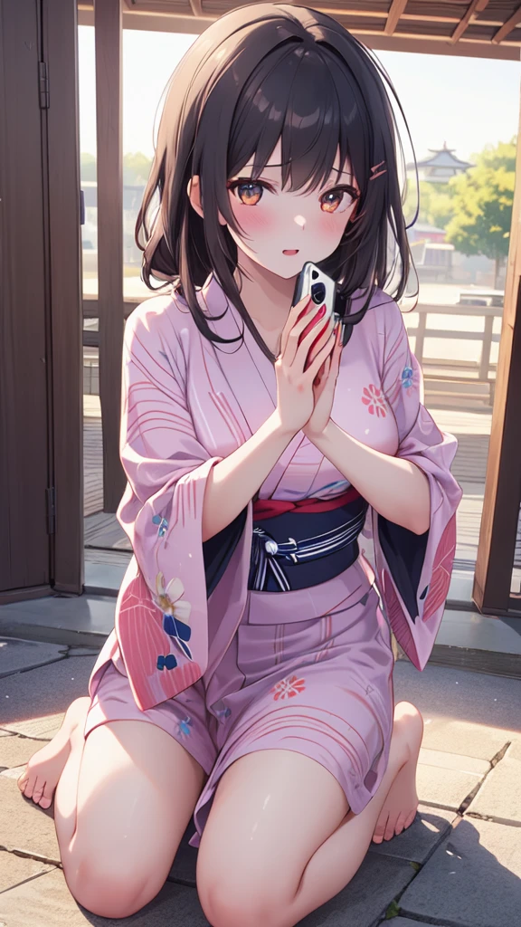 (8k, best quality, master piece: 1.2),super high resolution,1 girl, 独奏, kneel down on the ground and apologize, hands on ground ,ultra-detailed face, Selfie、yukata、Random hairstyle、Random hair color、one's home、(bed)、Midnight、Out of the window、Starry Sky, Collarbone, Ecstatic expression,