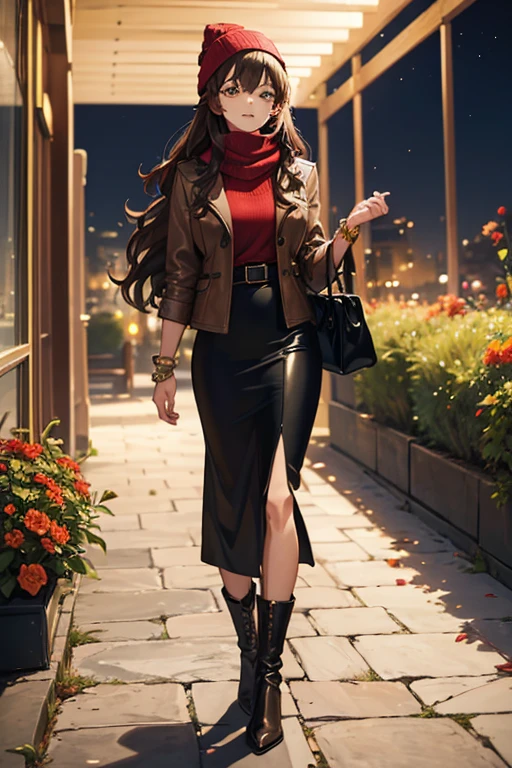 ((masterpiece, best quality, ultra-detailed)), beautiful woman walking through a fall garden, brown leather jacket, red scarf and beanie, bracelet, black midi pencil skirt, long skirt, leather boots, full body, long brown hair, wavy hair, fall garden, leaves, night