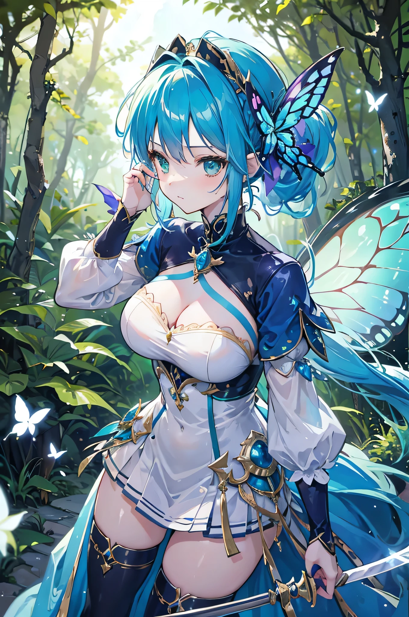4K,High resolution,One Woman,Fairy,Blue Hair,Long Ponytail,Green Eyes,Big Breasts,butterfly_wings,knight,White knight dress,hair band,Long sword,in the forest