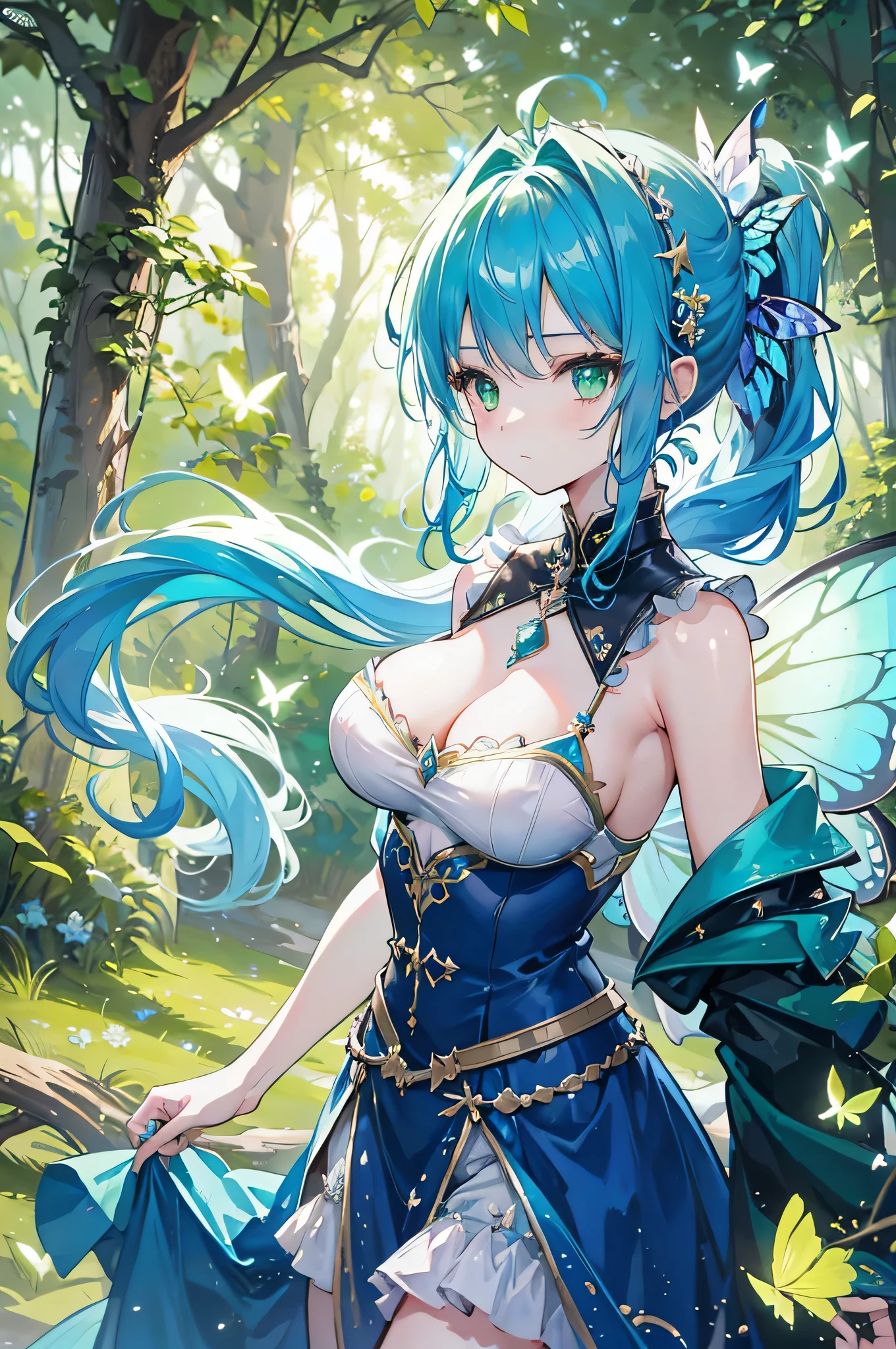 4K,High resolution,One Woman,Fairy,Blue Hair,Long Ponytail,Green Eyes,Big Breasts,Green butterfly_wings,knight,White knight dress,hair band,Jewelry decoration,Long sword,in the forest