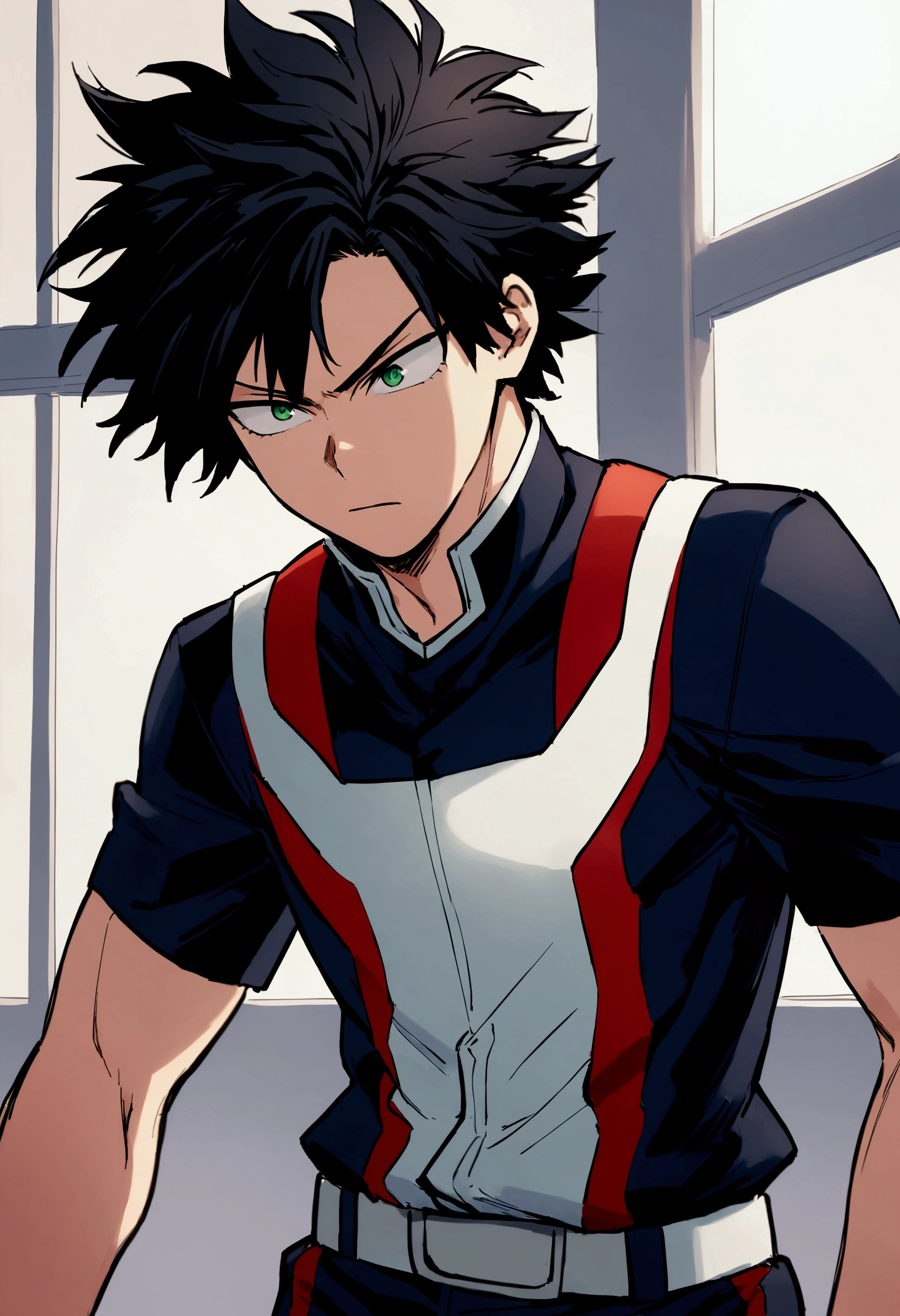 He is a , He has slightly disheveled black hair..., somewhat light green eyes, It is something serious, He has a somewhat exercised body, He is dressed in the anime uniform. "my hero academia".