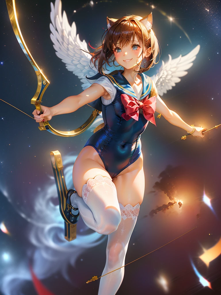 Highest quality,Highest Resolution,Masterpiece,(((A beautiful girl in a sailor leotard with a smile on her face))),High leg,Frills,White knee-high stockings,,Red tie,Cat ear,(((Halation))),Brown hair short bob,(((Elaborate:archery))),White angel wings on the back,universe,Milky Way,Meteor,dark,Bow of Light,whole body,Bow of Light,A distant view,Side view,(((弓を引く))),