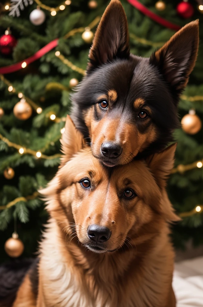 Caramel-colored Belgian Shepherd dog with black muzzle and Christmas bonnet