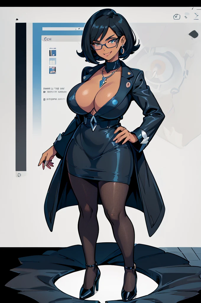 (masterpiece, best quality, high resolution, (pokemon style) ((huge breasts))1 mature woman, very short black hair, bob cut, blue eyes, black lips, long-sleeved dress with black high neck, black pantyhose, earrings and necklace, glasses, long white doctor's coat, black heels, smile ((dark skin))((white background,)) , ((full body standing)),
