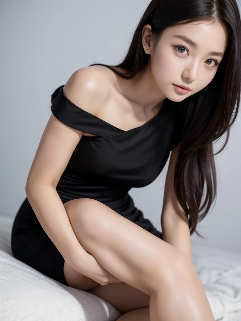 High heels、blouse、Navy blue mid-length skirt 、(Highest quality)、((Very detailed))、4K、(8K)、masterpiece、Very detailedな、Highest quality、Super Resolution、1 person、Kind Face、Soft Light、RAW quality、Soft Skin、163cm、White Room,30 years old、office