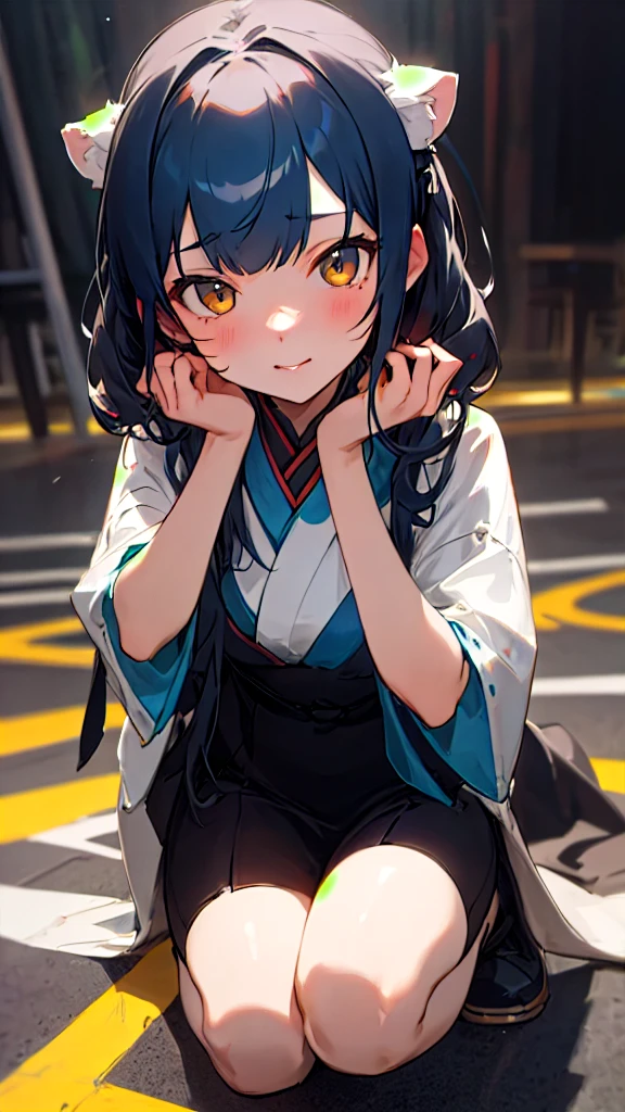 (8k, best quality, master piece: 1.2),super high resolution,1 girl, 独奏, kneel down on the ground and apologize, hands on ground ,ultra-detailed face, Selfie、yukata、Random hairstyle、Random hair color、one's home、(bed)、Midnight、Out of the window、Starry Sky, Collarbone, Ecstatic expression,