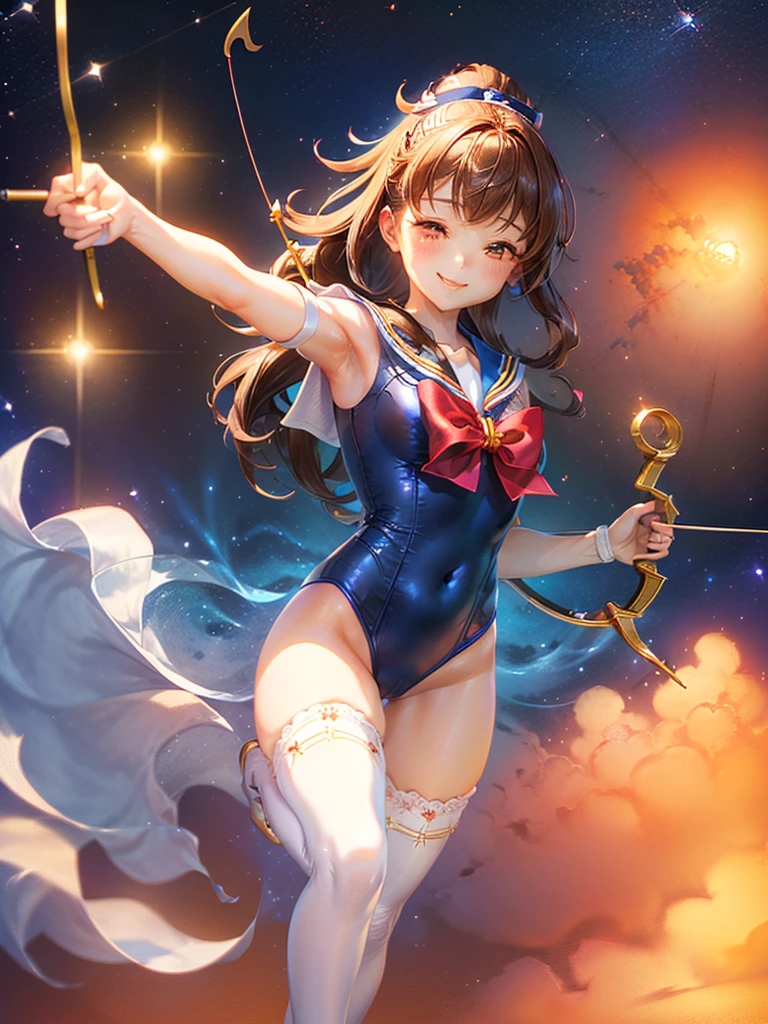 Highest quality,Highest Resolution,Masterpiece,(((A beautiful girl in a sailor leotard with a smile on her face))),High leg,Frills,White knee-high stockings,,Red tie,Cat ear,(((Halation))),Brown hair short bob,(((Elaborate:archery))),White angel wings on the back,universe,Milky Way,Meteor,dark,Bow of Light,whole body,Bow of Light,A distant view,Side view,(((弓を引く))),