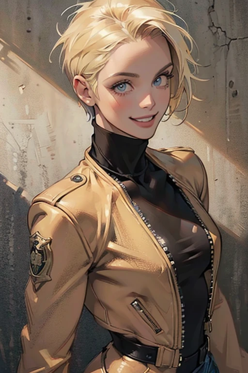 (rule of thirds:1.4), ((ultra realistic illustration:1.2)), Athletic blonde woman, (short hair), tomboy, cute, ((smile)), Sexy. Mascara, turtleneck blouse, leather jacket, skinny jeans, high heels.Masterpiece, best quality,(highly detailed:1.2),(detailed face and eyes:1.2), 8k wallpaper, depth of field, natural lighting. core shadows, high contrast, bokeh.