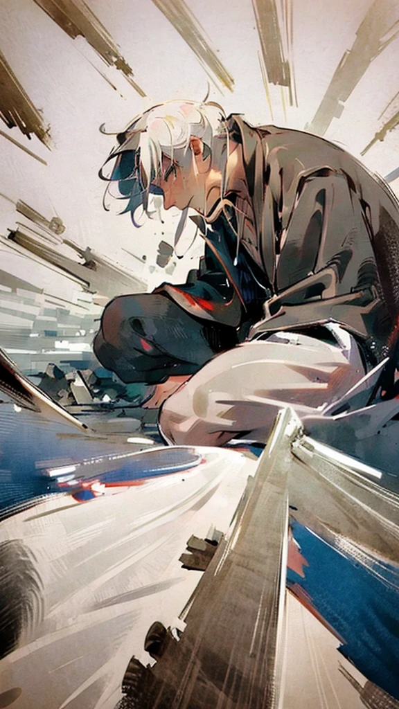 A handsome man with white hair sadness, his face staring at the ground, his body covered in bloodstains, a world in ruins, chaos, background, sadness