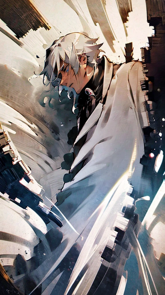 A handsome man with white hair sadness, his face staring at the ground, his body covered in bloodstains, a world in ruins, chaos, background, sadness