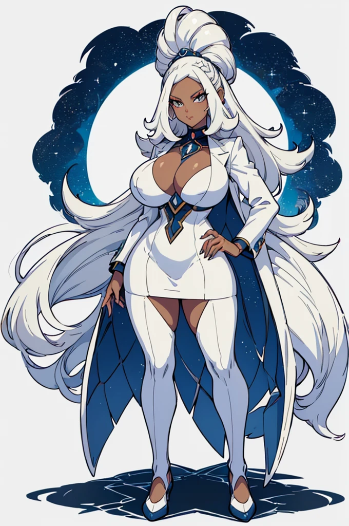 (masterpiece, best quality, high resolution, (pokemon style) ((huge breasts))1 mature woman, very long tousled white hair, white suit, white dress shoes, ((dark skin))((white background,)) , ((full body standing)),