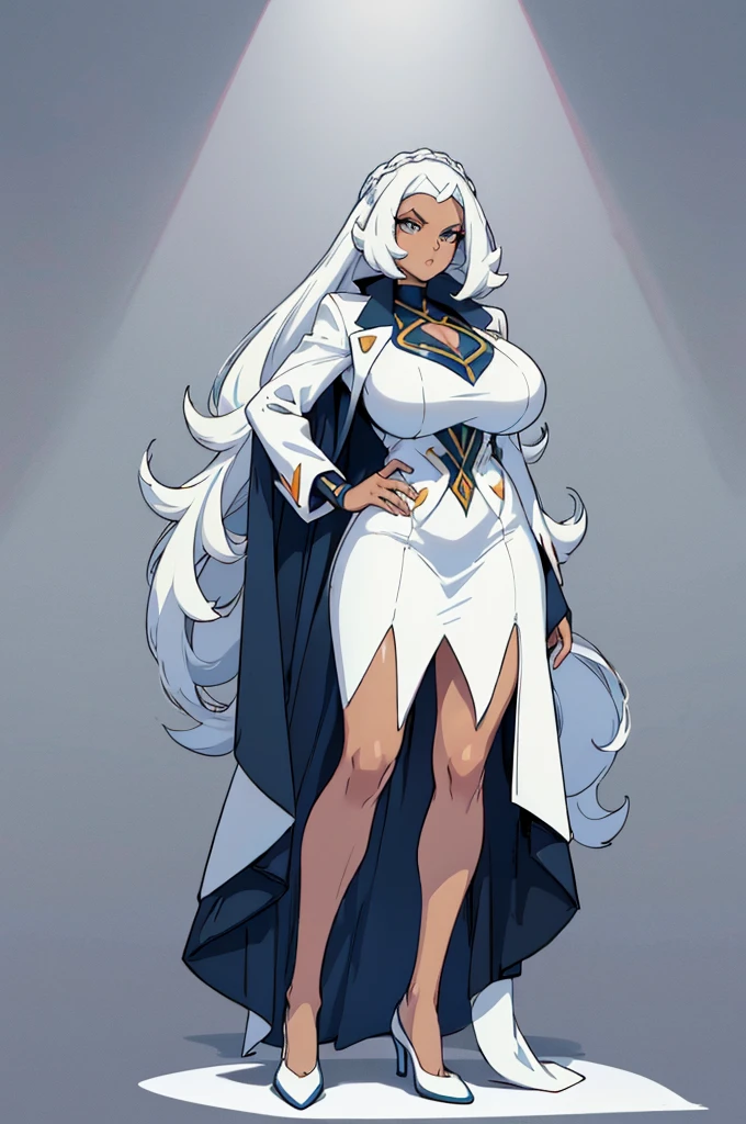(masterpiece, best quality, high resolution, (pokemon style) ((huge breasts))1 mature woman, very long tousled white hair, white suit, white dress shoes, ((dark skin))((white background,)) , ((full body standing)),