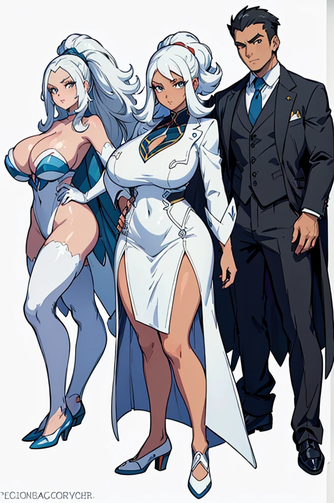 (masterpiece, best quality, high resolution, (pokemon style) ((huge breasts))1 mature woman, very long tousled white hair, white suit, white dress shoes, ((dark skin))((white background,)) , ((full body standing)),
