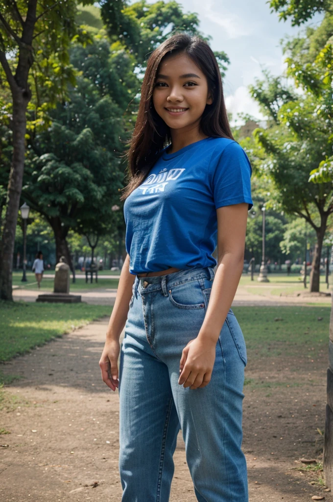 A beautiful Indonesian girl wearing a blue t-shirt, jeans, sneakers, standing smiling sweetly in the park, her whole body is visible in full HD 