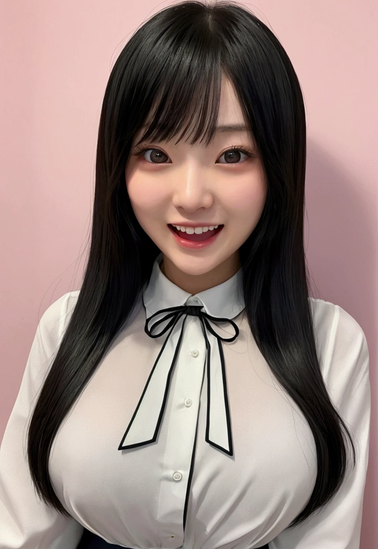 (28 years old,Beautiful Japanese,Round face、Seems kind、Iris、 ,(Black Hair),(Medium Long Hair),high quality、masterpiece:1.2,(Genuine、photo Genuine:1.4),blouse,Big Breasts,whole body,Overjoyed,Open your mouth