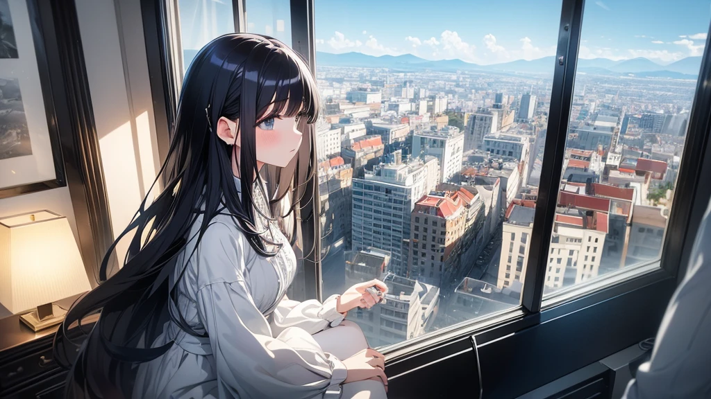 Ultra-high resolution, 8k, (Masterpiece, beautifully、mysterious:1.2), Works by Makoto Xin Haicheng, Lo-fi feel, Perfect human body engineering, 1 female, 光りSparkling Eyes, Sparkling Eyes, 　Idol, White ruffled dress, Shiny long black hair, Larger than average bust, Listening to music through headphones, Looking out the window, A room with musical instruments, city view from the window, Impressive cityscape, Bright Sky, meteor, Wide angle, Before dusk
