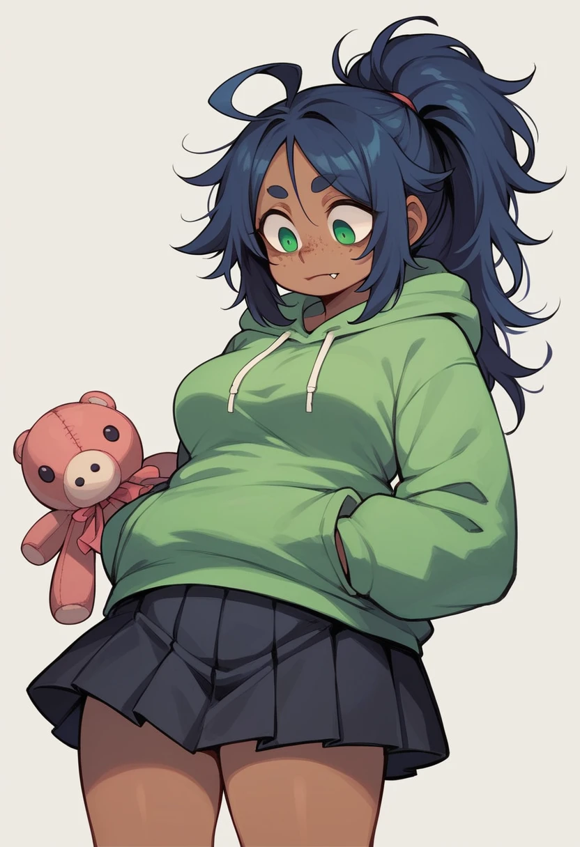 
masterpiece, best quality, perfect anatomy, solo, 1girl, green eyes, bags_under_eyes, fang, dark blue hair, brown skin, long hair, messy hair, parted bangs, long sidelocks, ponytail, freckles, ahoge, medium breasts, plump, hoodie, pleated skirt, black skirt, absurdres, Hood up, looking down, plushie, stuffed octopus, grinning