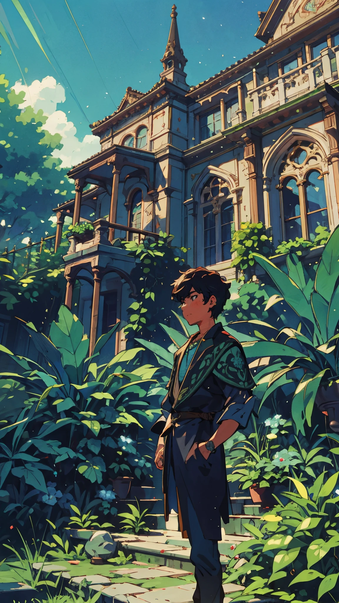A solitary teenager stands amidst lush, verdant foliage in the garden of a grand Victorian-style house. The turquoise leaves of exotic plants create a striking contrast against the weathered stone walls. The teenager’s expression is contemplative, and the sunlight filters through the leaves, casting dynamic shadows on the intricately carved balustrade of a nearby staircase, ((Best quality)), ((masterpiece)), (detailed:1.4), fighting (High Dynamic Range), Super-Resolution, ,Subsurface scattering, PBR Texturing, Post-processing,Anisotropic Filtering, Depth-of-field, Maximum clarity and sharpness, Multi-layered textures, Albedo and Specular maps, Surface shading, Accurate simulation of light-material interaction, Perfect proportions, Octane Render, Two-tone lighting, Wide aperture,Low ISO, White balance, Rule of thirds