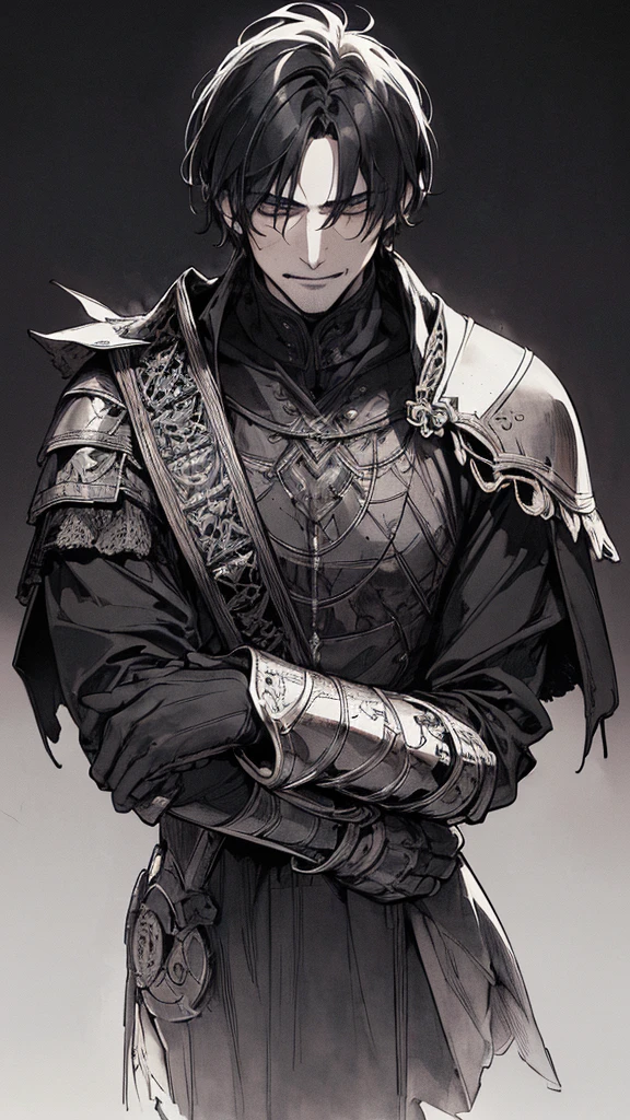 Best quality, (background_detail), high_contrast, detail_original_illustration, warrior, muscular, villain face, armored, full_body, medieval, crease between eyes, young man, man in 20s, dark_stitch_landscape, (dramatic_lighting:1. 25), (shaded_background:1.2), black_hair, (short black hair:) 1.1 ), Large figure, Delicate face, Evil smile, Sharp eyes, Black background, (Black background:1.5), Beautiful line drawing, Black and white