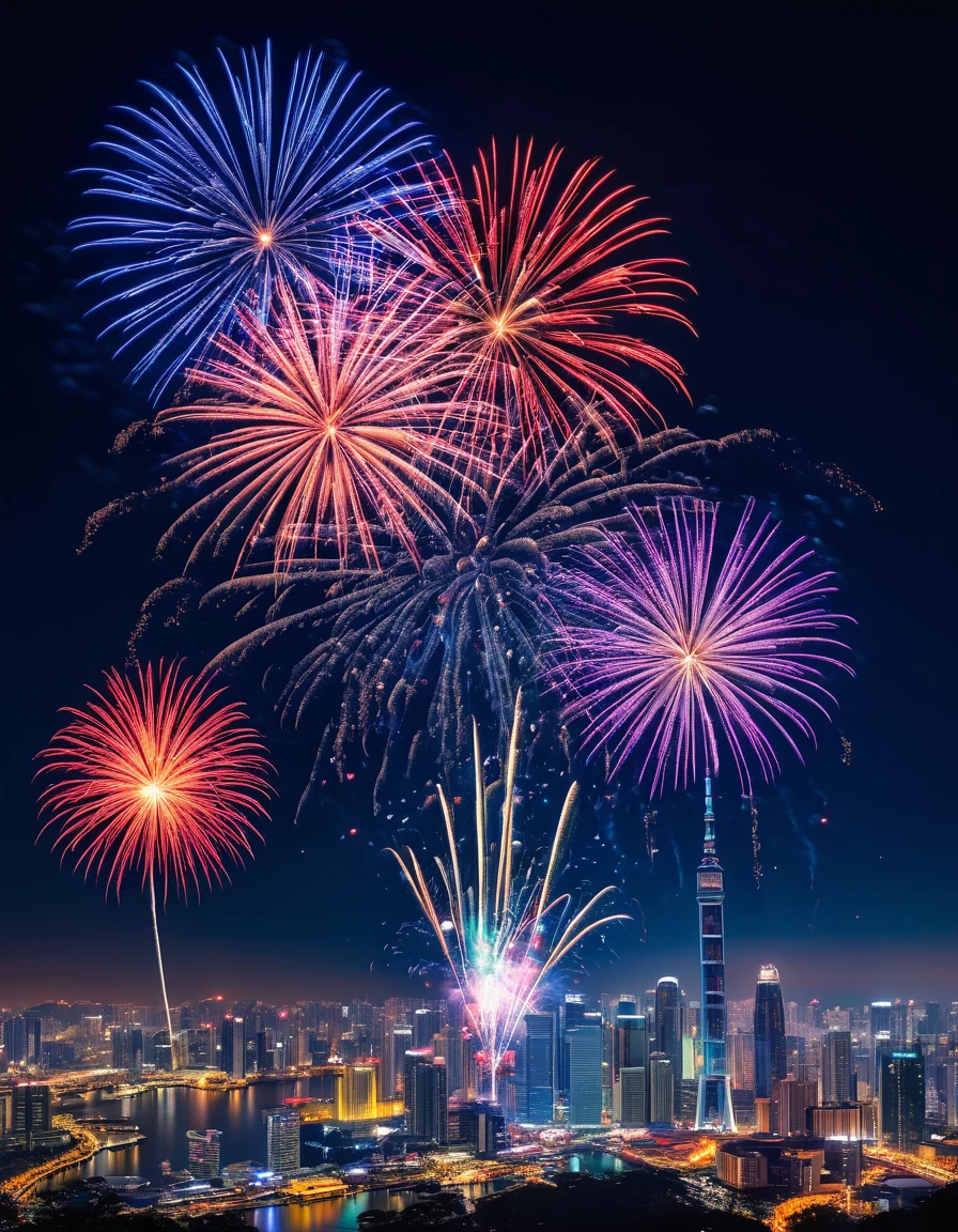 The night sky is a deep blue、Countless twinkling stars are scattered around. Colorful fireworks burst into flames, The glowing lines create a spectacular picture in the city.. "Happy New Year 2024" Bringing vibrant colors to the sky, Below are people welcoming the new year with enthusiasm.々The silhouette of. 