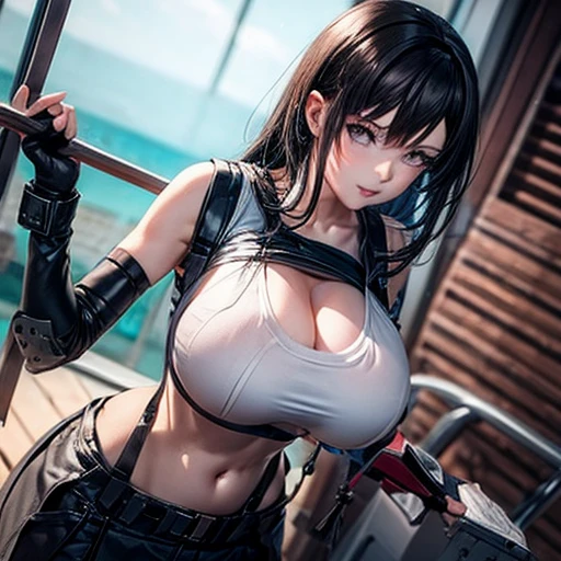 Woman wearing a milking machine on her chest