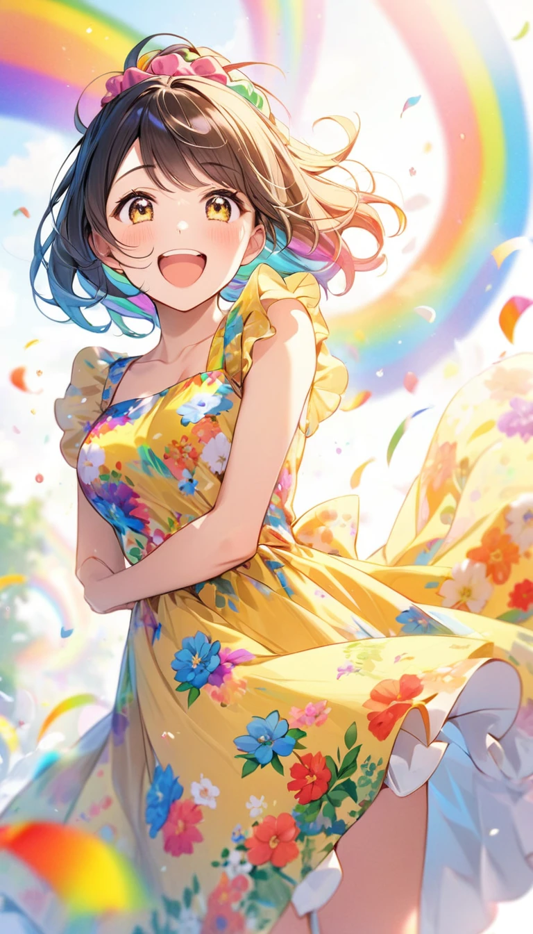 emotion, 1girl, colorful, blurry, happy, rainbow, full page, hair scrunchie, fluffy yellow dress, floral print dress, short floral print dress, long floral print dress