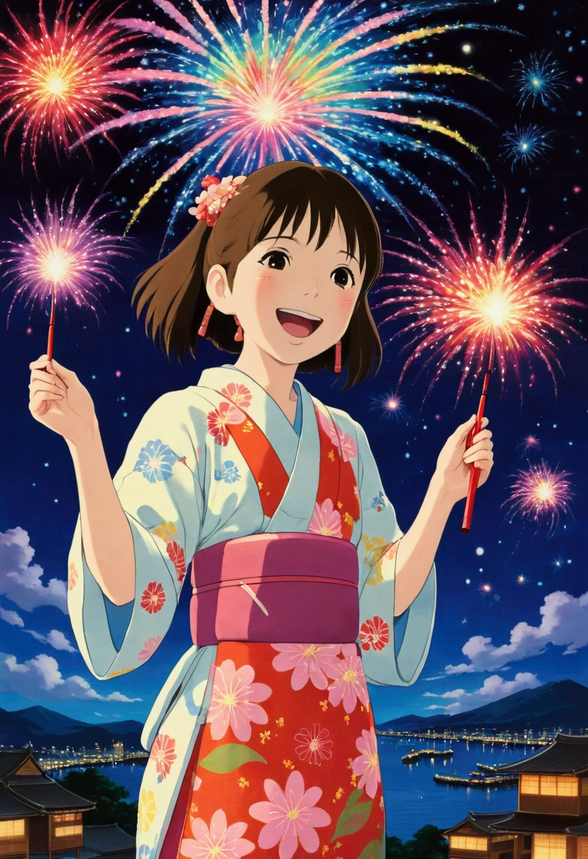 Ghibli　summer　firework，girl，Laughing，yukata，festival