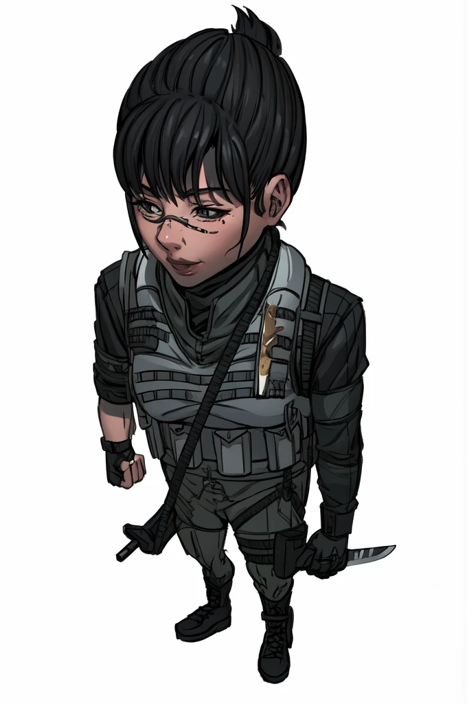 a cartoon drawing of a woman with a knife and a backpack, girl, thicc, cassandra cain, digitally colored, rukis. comic book style, female lead character, an edgy  assassin, epic comic book style, ( ( character concept art ) ), katana zero video game character, highly detailed exquisite fanart, detailed character art, official character art, character art closeup