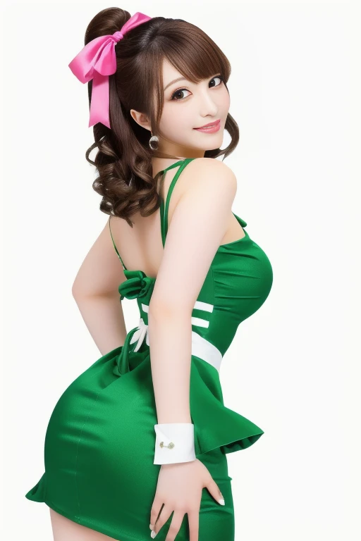 Anime girl in a green dress with pink ribbon and white top, honest, maAlso kitagawa fanart, juri misaki, change, honest shinka, Naughty, rei hiroe, Anime Moe Art Style, , tits, Hands behind the back pose!, Another Iwakura, Also,  In a dress, Naughty anime style