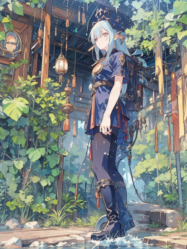 (female),cotton cap,(wave hair),dragon Chinese dress,black inner,gloves,pendant,(black tights),boots,cane,skirt,(background):,blue sky,ancient Luis,mist,((jungle)),(sun flare), (effect):,best quality,anime screencap,8k,high resolution,((anime style)),(anime paint)